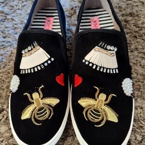 Betsey Johnson Black Slip-On Sneakers with Gold and Red Embroidery